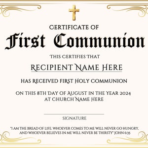 First Communion Certificate Template Editable First Holy Communion First Communion Certificate Template Editable First Holy Communion