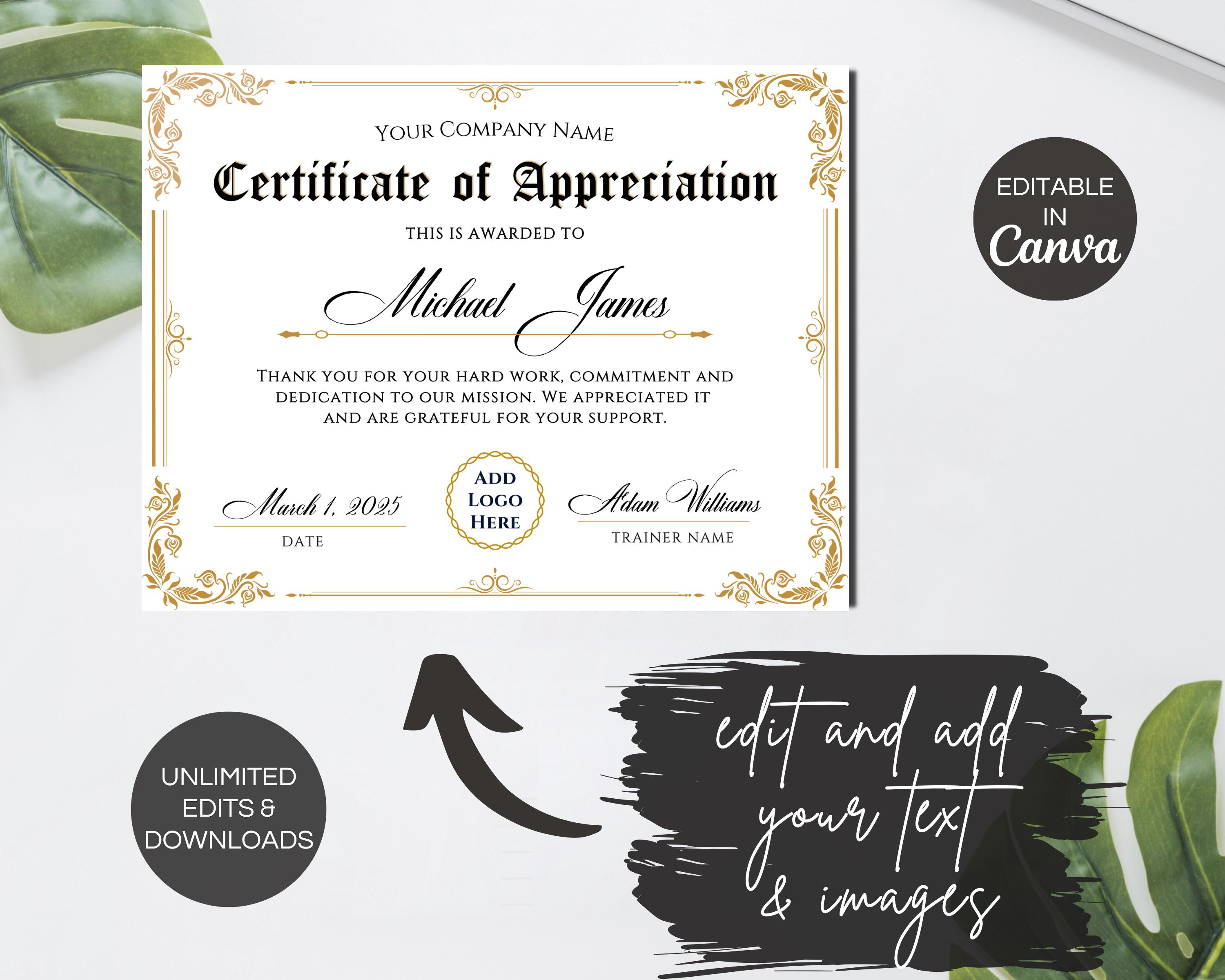 Editable Certificate of Appreciation, Printable Appreciation ...