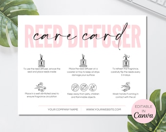 Reed Diffuser Care Card Template, Editable Reed Diffuser Care Instructions, Printable Printable Room Diffuser Guide Packaging Insert. TDS-05