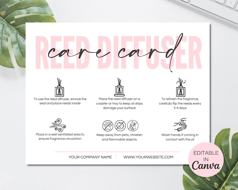Reed Diffuser Care Card Template Editable Reed Diffuser Care Etsy