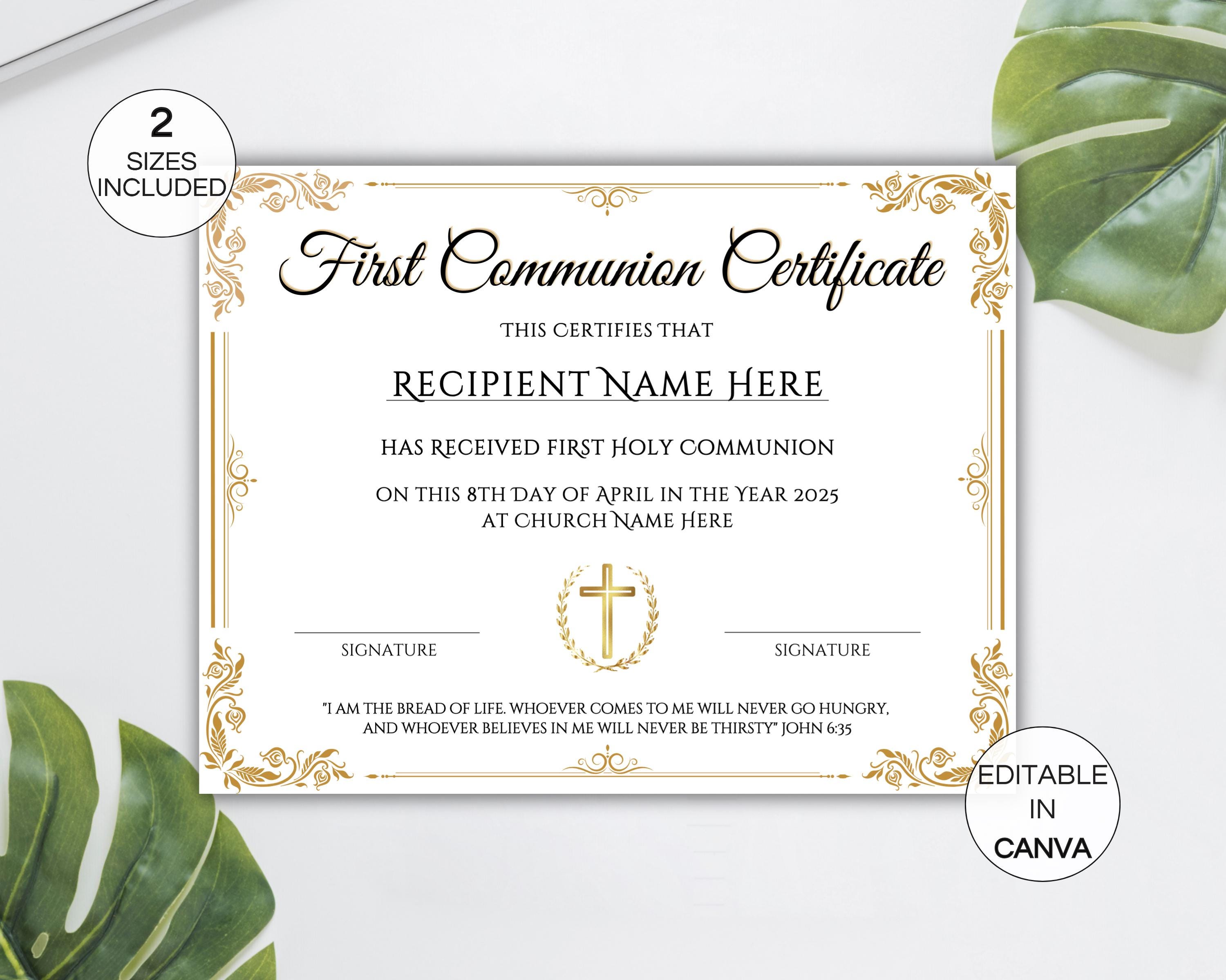 First Communion Certificate Template, Editable First Holy Communion ...