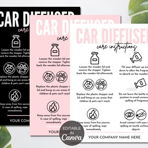 Tarjeta de cuidado del difusor para automóvil, Guía imprimible para el cuidado del difusor para automóvil, Inserto de empaque editable del difusor para automóvil, Instrucciones para el cuidado del difusor para automóvil. TDS-05