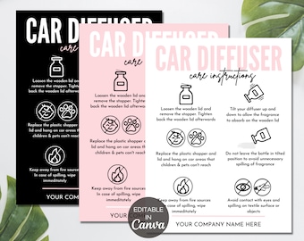 Car Diffuser Care Card, Printable Diffuser Instructions Cards, Editable Canva Template