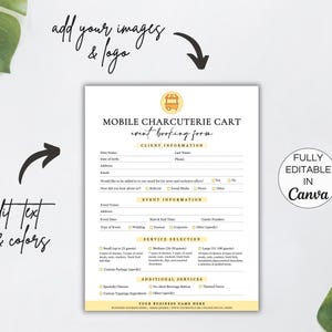Puede incluir: Plantilla de formulario de reserva de eventos para un carro de charcuter&iacute;a m&oacute;vil editable en Canva. El formulario incluye secciones para la informaci&oacute;n del cliente, los detalles del evento, la selecci&oacute;n del servicio, los servicios adicionales y un espacio para el nombre de tu negocio.