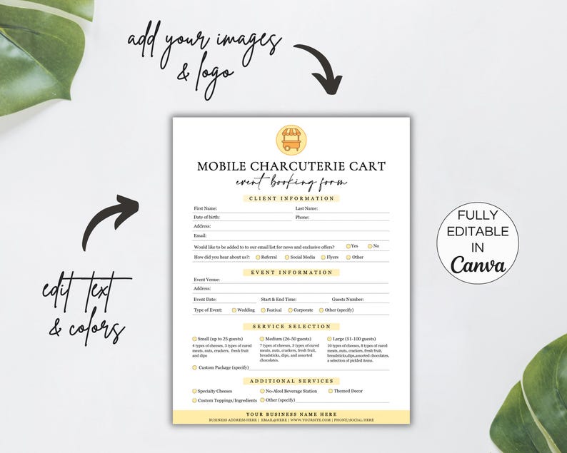 Puede incluir: Plantilla de formulario de reserva de eventos para un carro de charcuter&iacute;a m&oacute;vil editable en Canva. El formulario incluye secciones para la informaci&oacute;n del cliente, los detalles del evento, la selecci&oacute;n del servicio, los servicios adicionales y un espacio para el nombre de tu negocio.