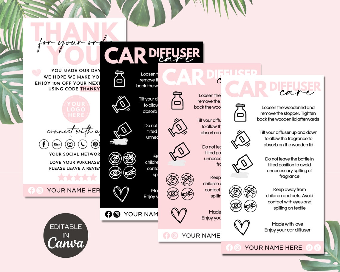 Car Diffuser Care Card, Printable Diffuser Packaging Insert ...