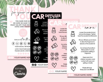 Car Diffuser Care Card, Printable Diffuser Packaging Insert Instructions Cards, Editable Canva Template
