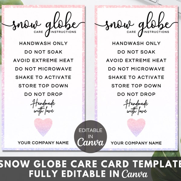 Snow Globe Care Card, Printable Snowglobe Tumbler Care Cards, Editable Snow Globe Care Instructions Card Canva Template. TDS-05