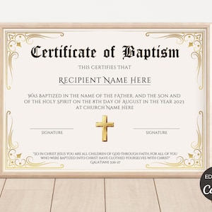 Baptism Certificate Template Editable, Printable Certificate Of Baptism, Custom Baptism Certificates, Canva Christening Keepsake. TDS-10