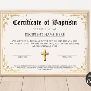 Plantilla de certificado de bautismo editable, certificado de bautismo imprimible, certificados de bautismo personalizados, recuerdo de bautizo de Canva. TDS-10