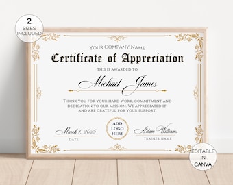 Editable Certificate Of Appreciation, Printable Appreciation Certificates, Custom Canva Template