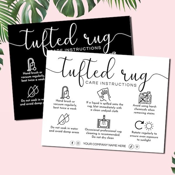 Tufted Rugs Care Card Template, Editable Tufted Rug Care Instructions Card, Printable Tufter Rugs Business Inserts Canva Template. TDS-05