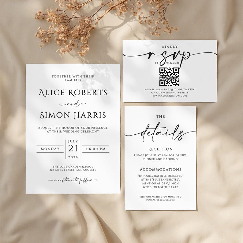 May include: Elegant wedding invitation suite featuring three white cards with black script. The main card announces the wedding of Alice Roberts and Simon Harris on July 21, 2026, at 6:00 PM. Includes RSVP and details cards.