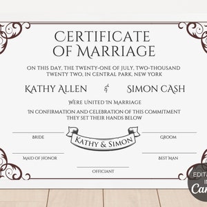 Heiratsurkunde Vorlage, benutzerdefinierte Heiratsurkunde, bearbeitbare Hochzeitsurkunde, druckbare Canva Hochzeit Andenken. TDS-10