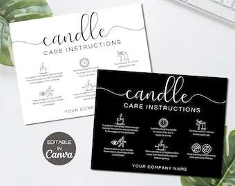 Candle Care Card Editable, Printable Candle Care Instructions, Candles Care Guide, Black & White Candle Business Canva Template. TDS-05