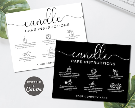 Candle Care Card, Printable Candle Instructions Cards, Editable Canva Template