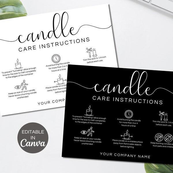 Candle Care Card Editable, Printable Candle Care Instructions, Candles Care Guide, Black & White Candle Business Canva Template. TDS-05