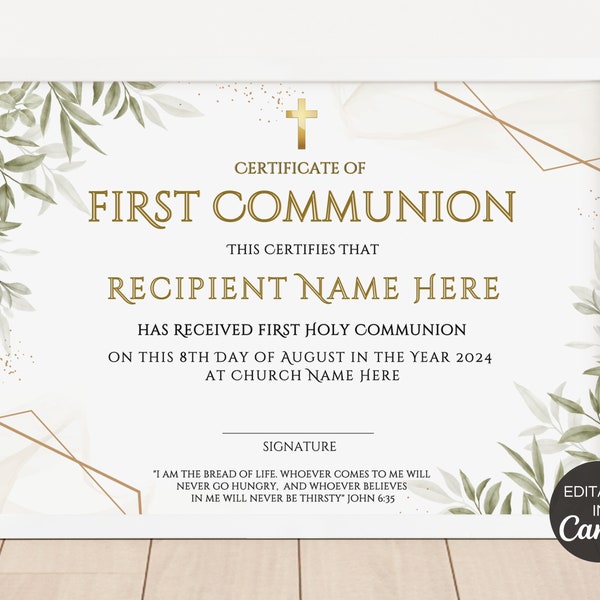 First Communion Certificate Template, Editable First Holy Communion Certificate, Printable Religious Certificate Canva Template. TDS-10