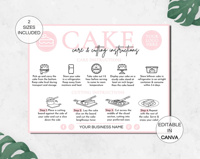 Cake Care Card Canva Template, Editable Cake Cutting Guide Cards ...