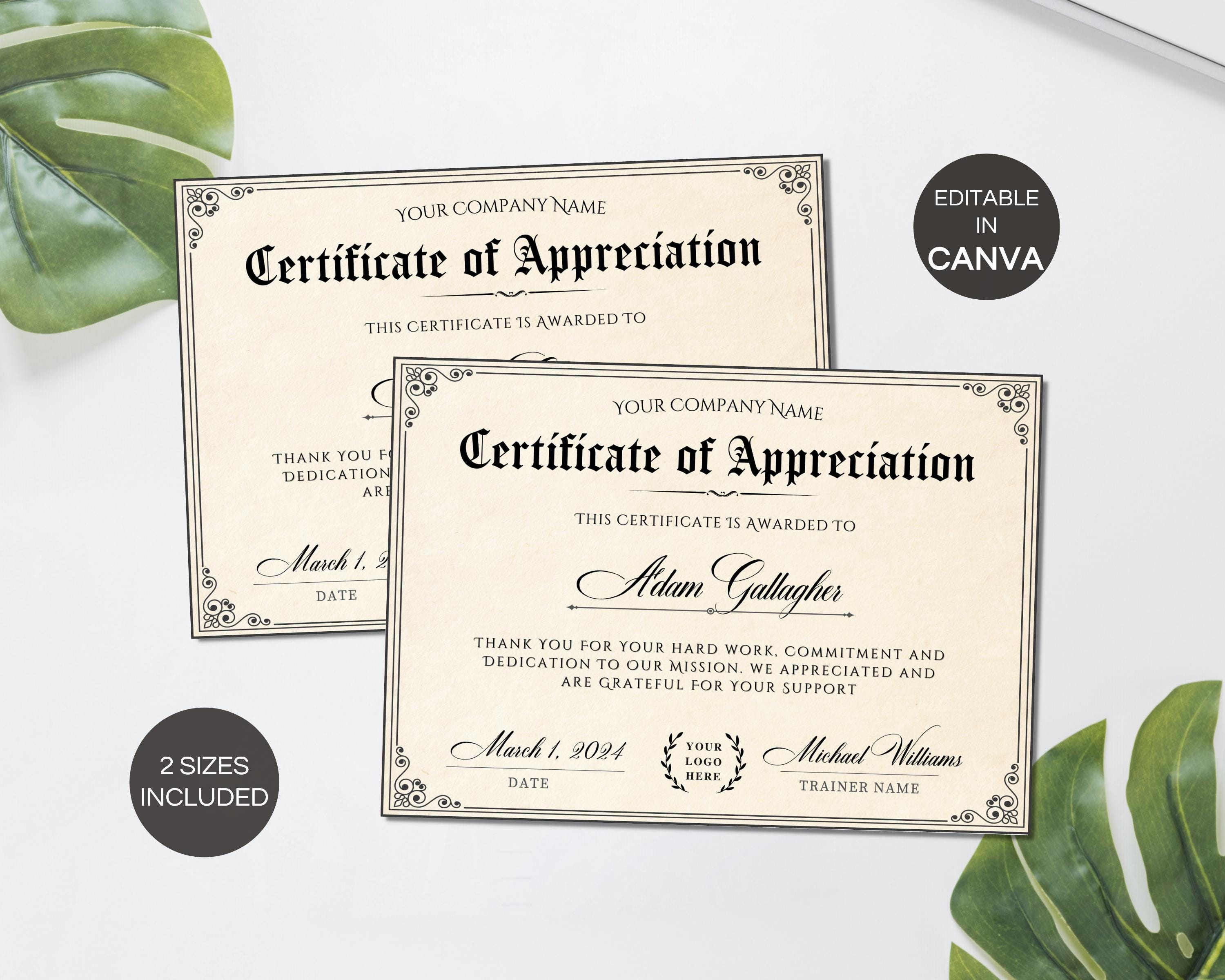 Editable Certificate of Appreciation, Printable Appreciation ...