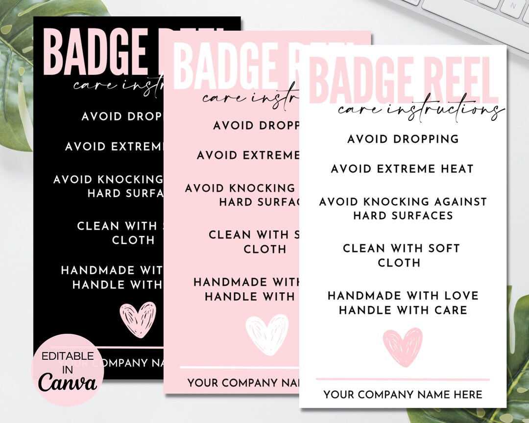Editable Badge Reel Care Card Template, Printable Badge Reel Care