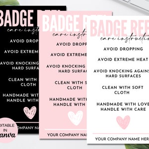 Modello di scheda per la cura della bobina di badge modificabile, scheda con istruzioni per la cura della bobina di badge stampabile, modello Canva con istruzioni per la bobina di badge personalizzata. TDS-05