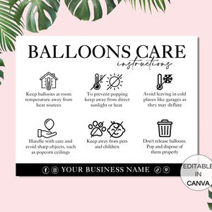 Ballonpflegekarte, Pflegeanleitung für bearbeitbare Ballons, Sicherheitshinweise für Luftballons, druckbare Ballonpflege Canva-Vorlage