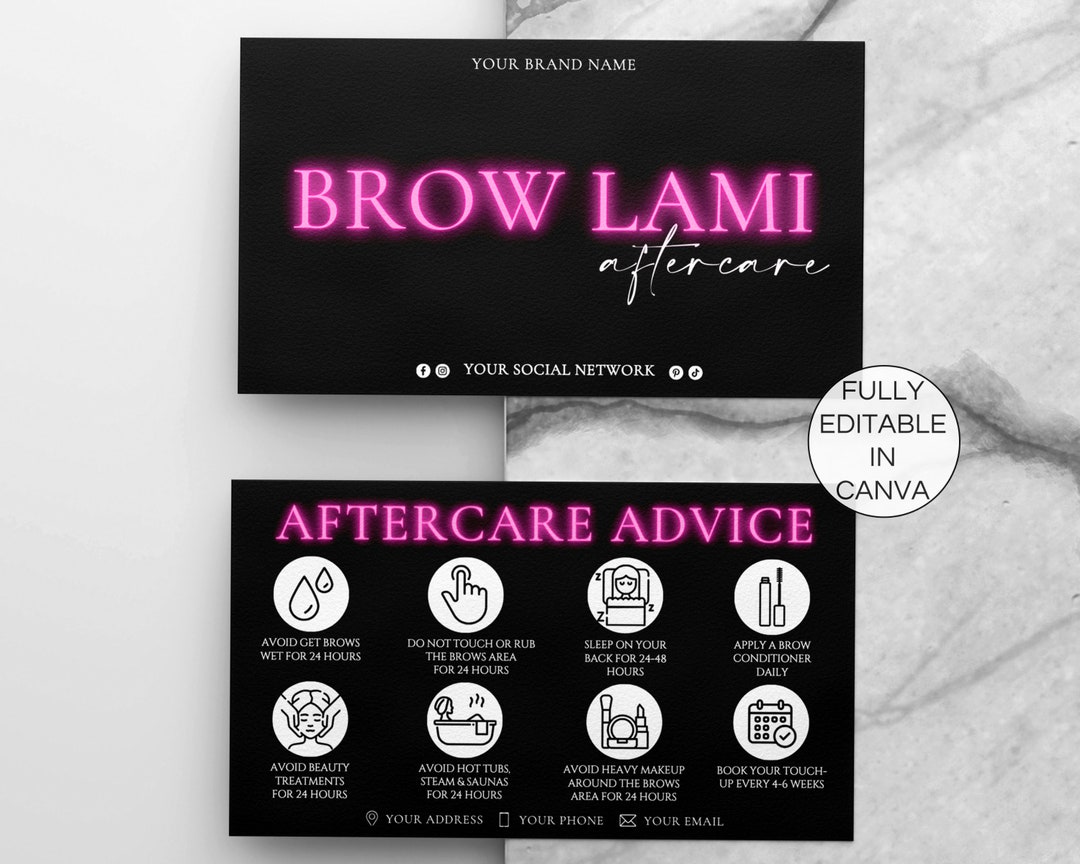 Brow Lamination Aftercare Cards, Editable Brows Lami Care Instructions