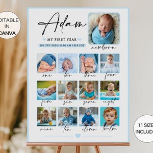 Può includere: Un collage fotografico del primo anno di un bambino con il nome "Adam" in corsivo. Include foto dalla nascita a dodici mesi, con data e ora di nascita. Il testo "Editable in Canva" è in alto a sinistra. Il testo "11 dimensioni incluse" è in basso a destra.