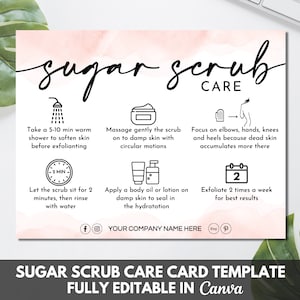 Editable Sugar Scrub Care Card Template, Printable Body Scrub Care Guide, Exfoliating Butter Application Customer Instructions. TDS-05