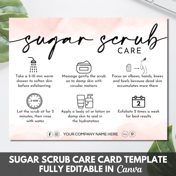 Editable Sugar Scrub Care Card Template, Printable Body Scrub Care Guide, Exfoliating Butter Application Customer Instructions. TDS-05