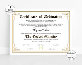 Certificado de Ordenación al Ministerio del Evangelio, Certificados de Ordenación Imprimibles, Plantilla Editable de Canva