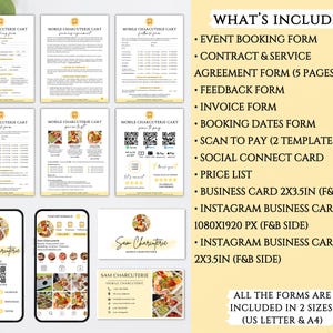 Puede incluir: Un kit de marketing digital para un negocio de carrito de charcuter&iacute;a m&oacute;vil. El kit incluye una variedad de formularios imprimibles, gr&aacute;ficos para redes sociales y tarjetas de presentaci&oacute;n. Los formularios incluyen un formulario de reserva de eventos, un formulario de contrato y acuerdo de servicio, un formulario de comentarios, un formulario de factura, un formulario de fechas de reserva, plantillas de escaneo para pagar, una tarjeta de conexi&oacute;n social y una lista de precios. Las tarjetas de presentaci&oacute;n est&aacute;n disponibles en dos tama&ntilde;os: 2x3.5 pulgadas y 1080x1920 p&iacute;xeles. El kit est&aacute; dise&ntilde;ado para ayudar a los negocios de carritos de charcuter&iacute;a a hacer crecer su negocio.