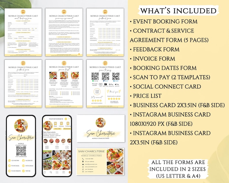Puede incluir: Un kit de marketing digital para un negocio de carrito de charcuter&iacute;a m&oacute;vil. El kit incluye una variedad de formularios imprimibles, gr&aacute;ficos para redes sociales y tarjetas de presentaci&oacute;n. Los formularios incluyen un formulario de reserva de eventos, un formulario de contrato y acuerdo de servicio, un formulario de comentarios, un formulario de factura, un formulario de fechas de reserva, plantillas de escaneo para pagar, una tarjeta de conexi&oacute;n social y una lista de precios. Las tarjetas de presentaci&oacute;n est&aacute;n disponibles en dos tama&ntilde;os: 2x3.5 pulgadas y 1080x1920 p&iacute;xeles. El kit est&aacute; dise&ntilde;ado para ayudar a los negocios de carritos de charcuter&iacute;a a hacer crecer su negocio.