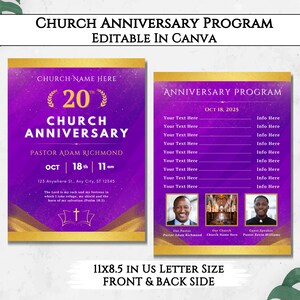 Church Anniversary Program Double Sided Flyer, Editable DIY Church Anniversary Brochure, Printable Church Bulletin Design Canva Template.