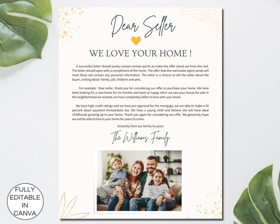 Home Offer Letter Template, Editable Letter To Seller, Printable Home Buyer Offer Letter, Dear Seller Letter Canva Template. TDS-12