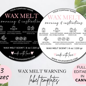 Wax Melts waarschuwingslabel sjabloon, afdrukbare Wax Melt veiligheidssticker, bewerkbare Wax Cubes-instructies, 1,5" 2" 3" rond waarschuwingslabel. TDS-06