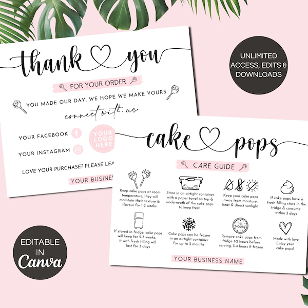 Cake Pops Care Card Canva Template, Editable Cake Pop Care Instructions, Printable Cake Lolly Care Guide, Cake Pop Order Insert. TDS-05