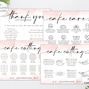 Pacote de cartões de cuidados com bolos, cartões de guia de corte de bolo editáveis, agradecimentos de negócios de bolos para impressão, modelo de embalagem de negócios de bolos Canva. TDS-05