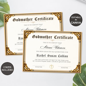 Plantilla de certificado de madrina, certificado de madrina editable, recuerdo de bautismo imprimible, plantilla Canva de certificado de regalo de madrina.TDS-10