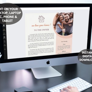 May include: A digital download template for a home buyer's letter to a seller. The template features a pink and peach color scheme with a house icon and a family photo. The text reads "We love your home! To the owner." and includes a sample letter and a section for the buyer's family information.