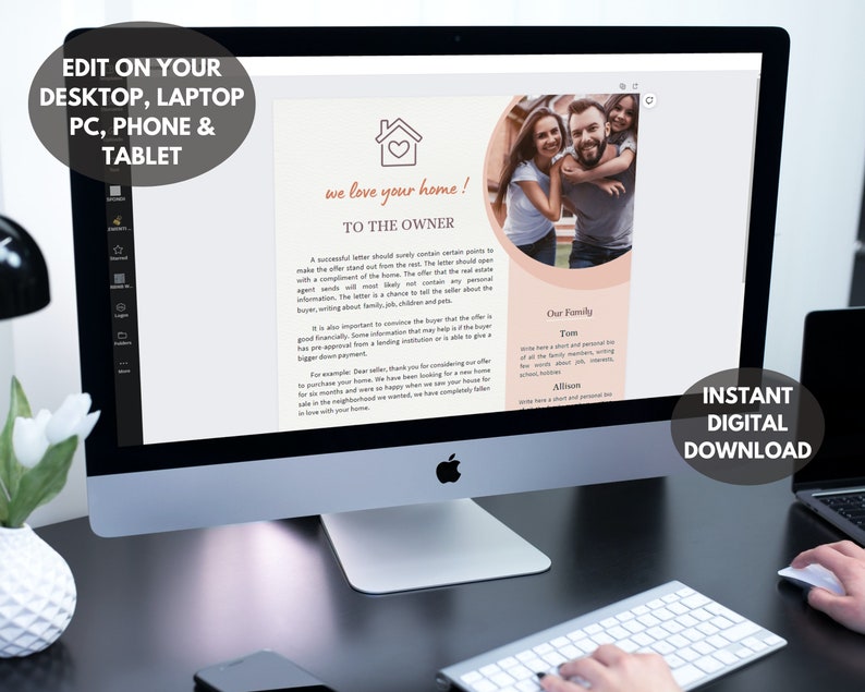 May include: A digital download template for a home buyer's letter to a seller. The template features a pink and peach color scheme with a house icon and a family photo. The text reads "We love your home! To the owner." and includes a sample letter and a section for the buyer's family information.
