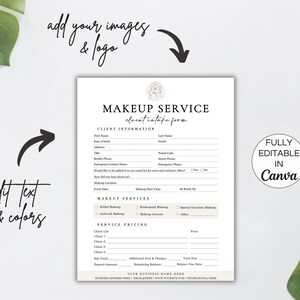 Puede incluir: Un formulario de admisi&oacute;n de clientes para servicios de maquillaje imprimible con un dise&ntilde;o minimalista. El formulario incluye secciones para la informaci&oacute;n del cliente, los servicios de maquillaje, los precios de los servicios y las tarifas y cargos adicionales. El formulario es totalmente editable en Canva.