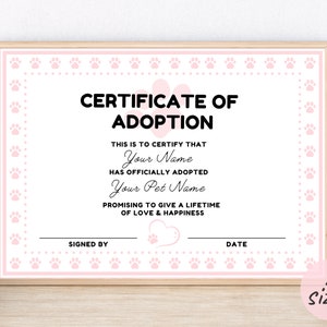 Editable Certificate Of Adoption Canva Template, Printable Pet Adoption Party Certificates, Digital Download