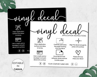 Vinyl Decal Application Instructions Card, Printable Vinyl Care Cards, Editable Canva Template