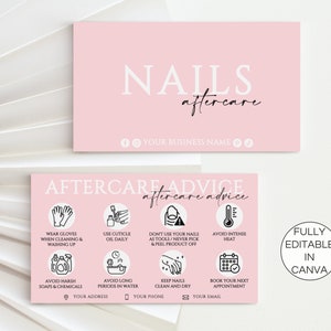 Nagels nazorgkaart, bewerkbare nagelverzorgingsinstructies, afdrukbare manicure-cliëntzorgkaarten, nagelschoonheidssalon Canva-sjabloon. TDS-05