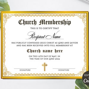 Church Membership Certificate Template, Editable Certificate Of Membership, Printable Church New Members Certificate Canva Template. TDS-10
