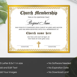 Church Membership Certificate Template, Editable Certificate of Membership, Printable Church New ...