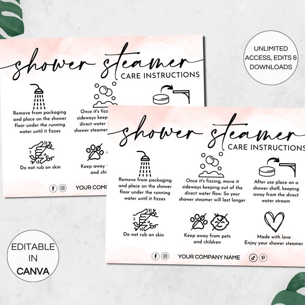 Shower Steamer Care Card Template, Editable Shower Fizzer Care Instructions, Printable Shower Bomb Small Business Order Inserts. TDS-05