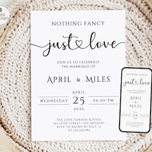Nothing Fancy Just Love Invitation, Editable Wedding Invitation Template, Minimalist Elopement Announcement Card